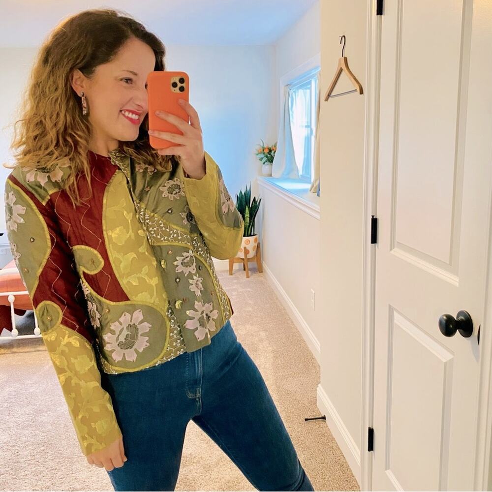 Vintage Sandy Starkman Green Red Unique Silk Blend Button Front Top Small